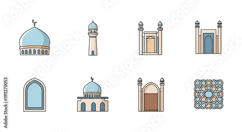 Vector icon set of Islamic architecture, featuring mosques, minarets, domes, archways, and geometric patterns for cultural and religious design projects