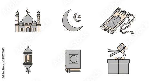 Collection of Islamic religious celebration icons featuring mosque, crescent moon, prayer mat, Quran, lantern, and gift box for Ramadan and Eid al-Fitr festivities, vector illustration set