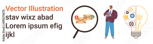 Digital marketing, email management, creative ideas, business innovation, troubleshooting, online communication. Magnifying glass with email icons and businessman near light bulb graphics. Email