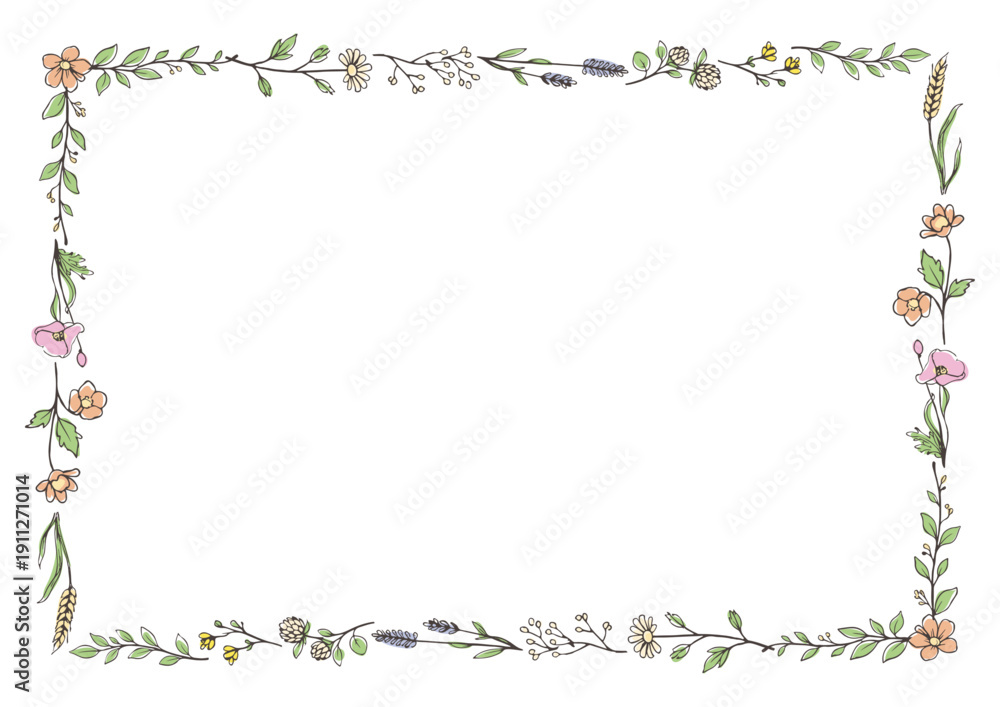 Obraz premium 手描きボタニカルボーダーフレーム／Hand Drawn Botanical Border Frame