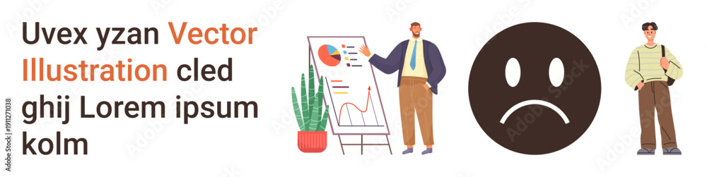 Fototapeta premium Teamwork, business analysis, emotions, workplace collaboration, data presentation, statistics. Two individuals near a chart, a sad face and a man holding a bag. Business analysis and emotions