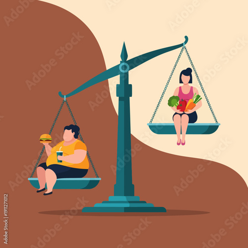 Overweight Man and Healthy Woman on Scale.