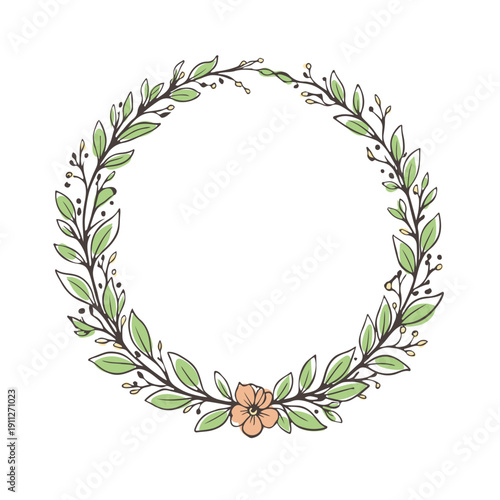 手描きボタニカルリースフレーム（円形）／Hand Drawn Botanical Wreath Frame