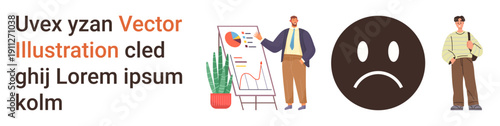 Teamwork, business analysis, emotions, workplace collaboration, data presentation, statistics. Two individuals near a chart, a sad face and a man holding a bag. Business analysis and emotions