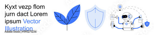 Sustainability, digital security, AI innovation, technology progress, eco-consciousness, data safety. Blue leaf, shield robot with digital tools and circuits. Sustainability and digital security