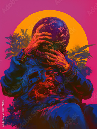 Surreal Astronaut Holding Planet Head in Retro Sci-Fi Vaporwave Style