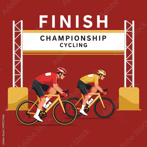Dynamic Illustration of Cyclists Sprinting Towards Championship Finish Line on Red Background