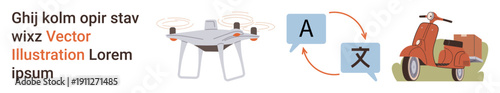 Technology innovation, language translation, smart delivery, modern transportation, communication, retro design. quadcopter, translation symbols and vintage scooter featured. Technology innovation