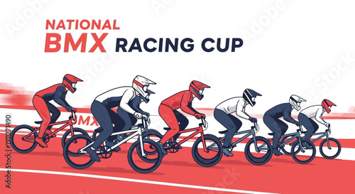 Dynamic Illustration of Professional BMX Racers Competing in a National Cup Event