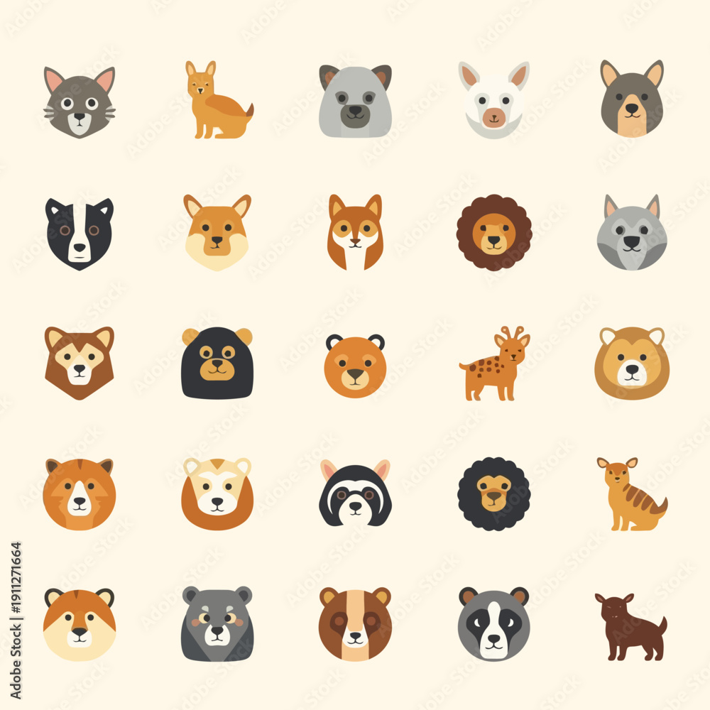 Fototapeta premium Collection of Adorable Animal Face Icons, Featuring Diverse Species for Creative Projects