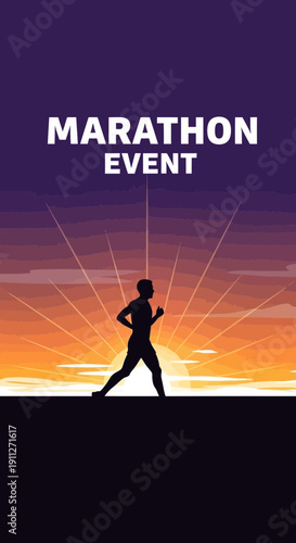Dynamic Marathon Runner Silhouette Against Vibrant Sunrise Sky Event Promotion