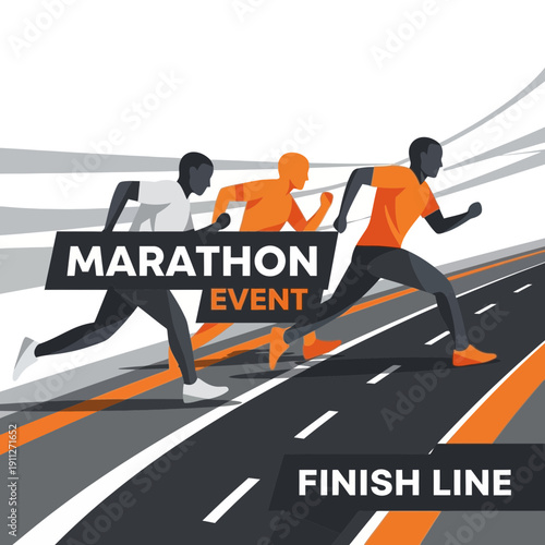 Dynamic Marathon Runners Competing On Asphalt Road Towards The Finish Line In Full Speed