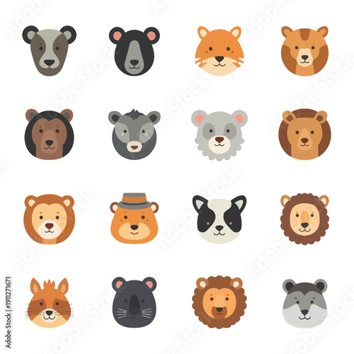 Collection of diverse cartoon animal faces, including bears, foxes, and lions, ideal as friendly avatars, mascots, or educational icons for digital media and children's content