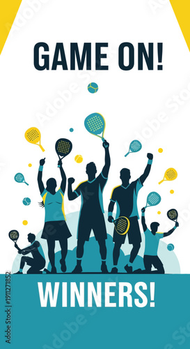 Dynamic Paddleball Players Celebrating Victory With Energetic Pose, Game On, Winners