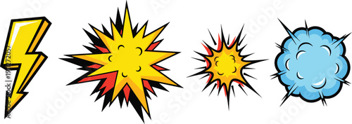 Colorful comic explosion icon set, dynamic lightning and burst vector elements for pop art design, stickers, posters, branding