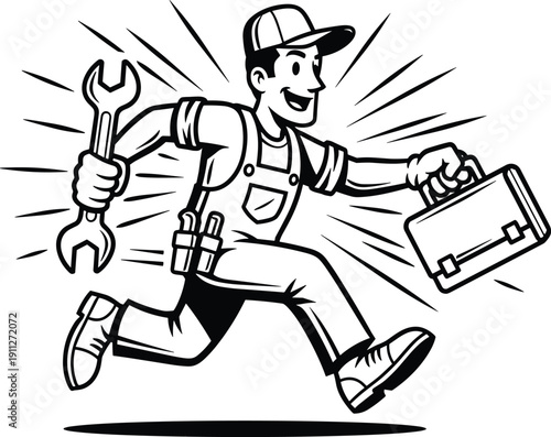 Running handyman cartoon illustration, black and white mechanic character carrying toolbox and wrench for repair service business branding design