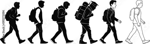 Student growth evolution walking stages, education and career development concept, school to graduation journey, learning process illustration design