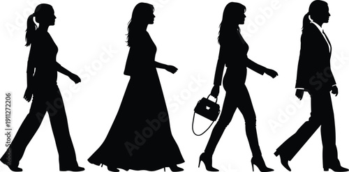 Stylish women walking silhouettes in different outfits and poses, black and white female fashion figures representing elegance, confidence, business, lifestyle, and modern urban style concepts
