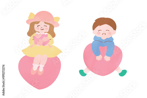 ハートに座る女の子とハートにしがみつく男の子｜かわいい子どもとハートのイラスト