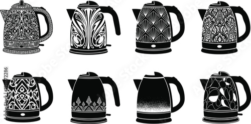 Stylish electric kettle vector set, black and white decorative teapot silhouettes with floral, geometric, and abstract modern design art illustration