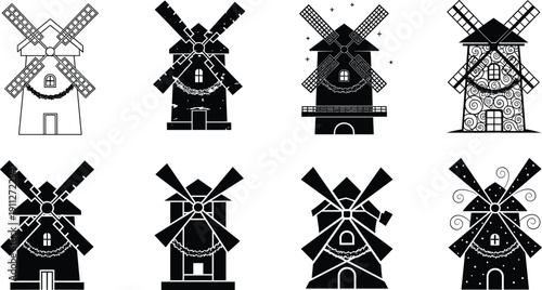 Stylized windmills, architectural variation, decorative blades, cultural design, unique structures, rural buildings, illustration set, creative shapes, artistic elements, heritage
