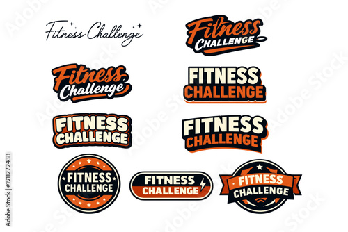Fitness challenge logo collection: bold text designs with orange and black accents