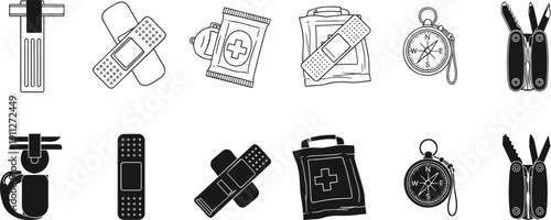 Survival gear icons, first aid kit, whistle, compass, multi-tool, bandages, silhouette and outline style, emergency equipment, vector illustration