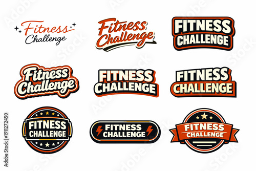 Set of nine fitness challenge logo designs in various styles and colors