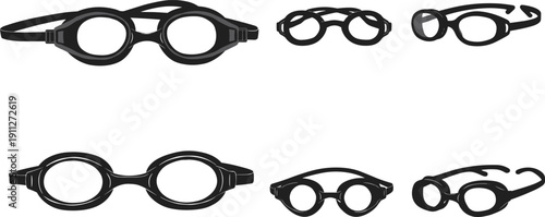 Swimming goggles icons, black and white vector set, swim gear silhouette, eye protection designs, water sport equipment, pool accessories illustration