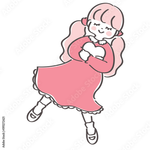 白いハートを抱きしめるガーリーな少女のイラスト