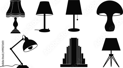 Table lamp silhouettes, modern lighting design, vintage lampshades, minimalist desk lamps, abstract shapes, home decor, interior style, illumination icons
