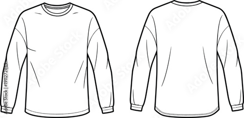 Technical fashion sketch, long sleeve shirt, front and back view, crew neck, garment design, apparel illustration, clothing blueprint, flat drawing