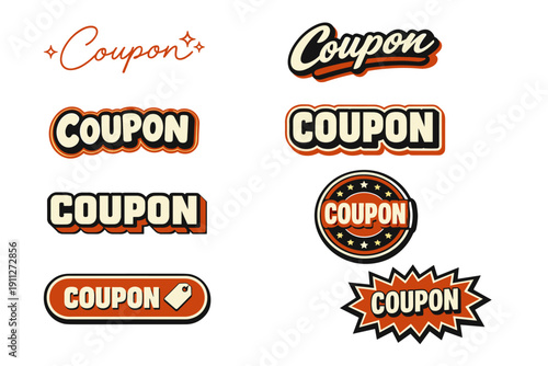 Retro style coupon designs with bold typography and vibrant colors
