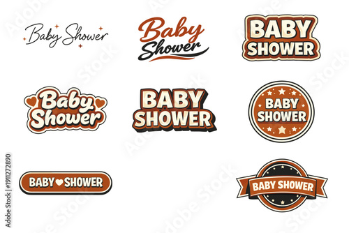 Vintage baby shower badges and stickers collection in brown and orange