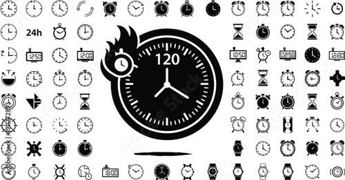 Time icon set, countdown clock, stopwatch urgency, flame symbol, digital and analog watches, hourglass, timer graphic, scheduling, time management, motion
