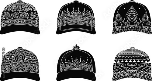 Traditional ethnic baseball cap collection, vector illustration of decorative hat designs with geometric tribal patterns, fashion accessory, black and white style
