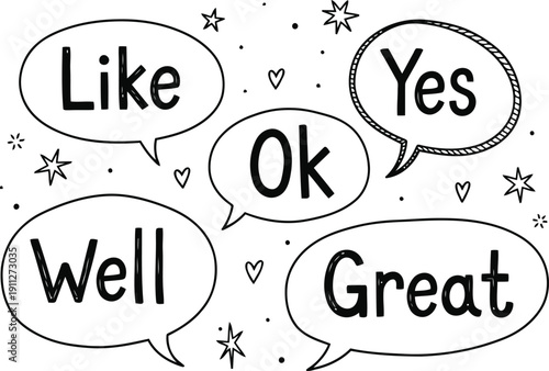 Hand drawn speech bubbles expressing positive affirmations and agreement