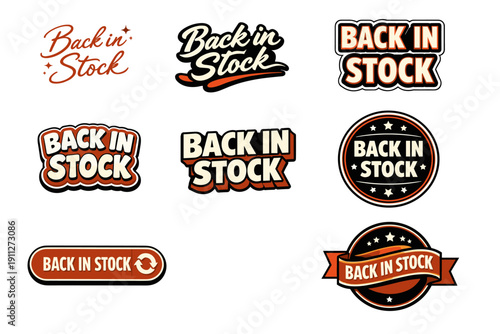 Variety of back in stock labels with bold typography and retro design