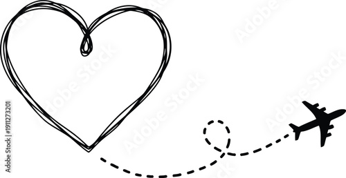 Hand drawn heart connected to airplane flight path