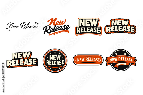 Collection of new release labels with bold typography and modern design