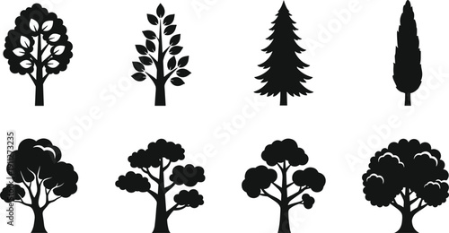 Tree silhouette icons, black and white, foliage shapes, heart leaf tree, coniferous tree, squirrel branch, botanical design, nature symbols, landscape art