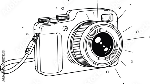 Sketch of a digital camera with a detailed lens and strap