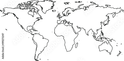 Hand drawn outline world map showing continents and oceans
