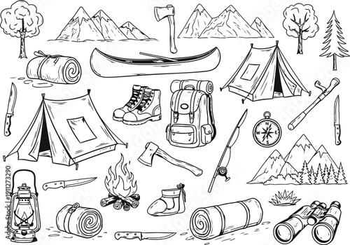 Hand drawn camping gear and outdoor adventure elements collection