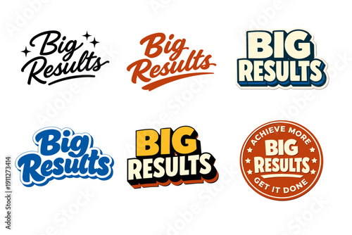 Variety of retro-inspired big results logos in different styles and colors