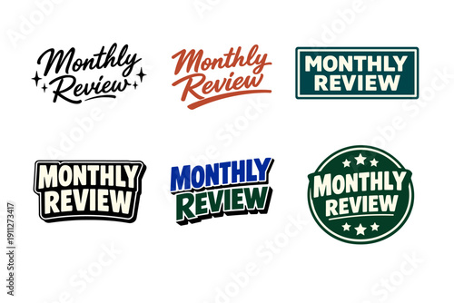 Diverse monthly review logo designs in various styles and colors