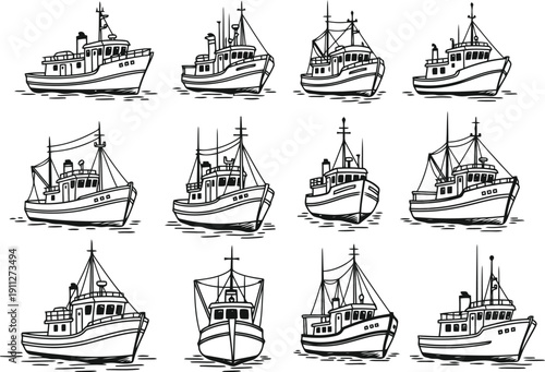 Collection of hand drawn sketch style fishing boats and vessels