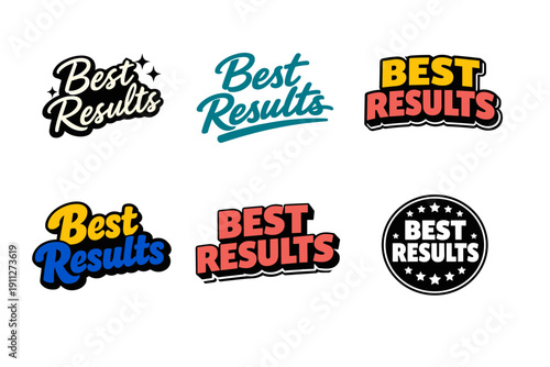 Variety of bold and colorful 'best results' logos with creative typography