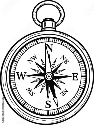 Vintage style compass illustration showing north south east west directions