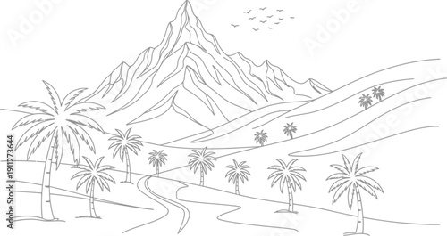 Dramatic mountain peaks rise above tropical palm trees and winding paths